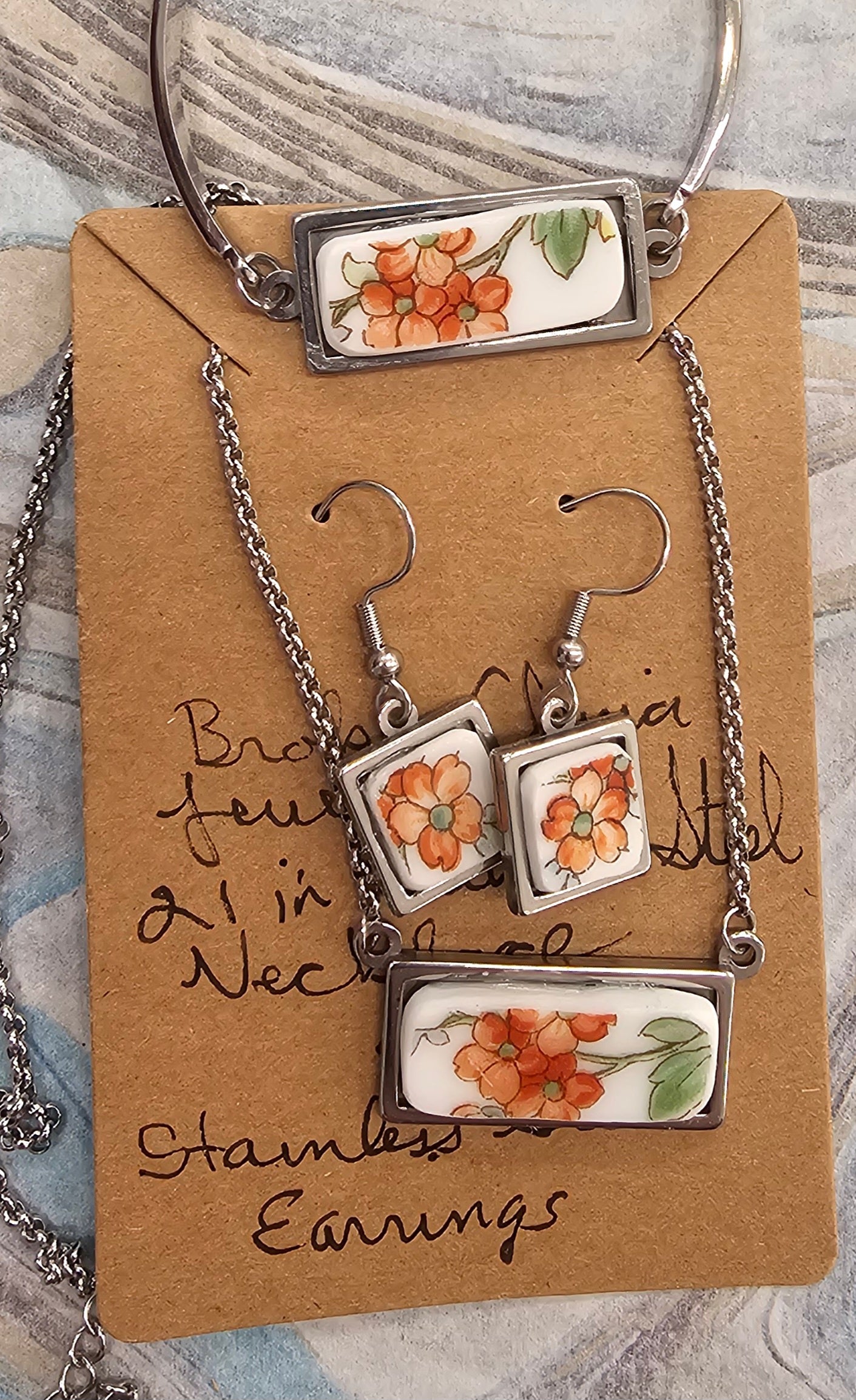 Virginia Coyle - Orange Florals, Broken China,Necklace, Earring and Bracelet Set