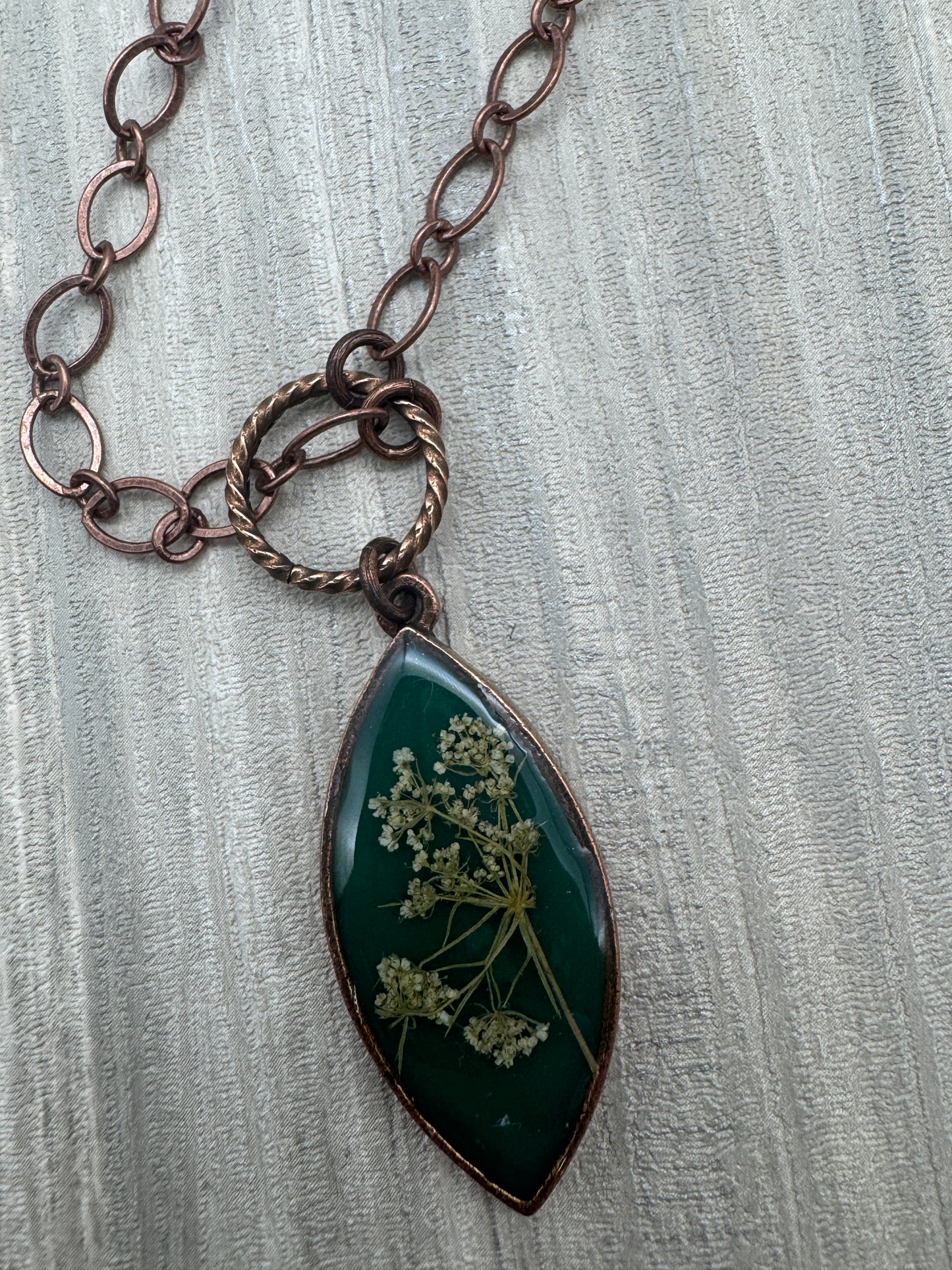 Denise Bush-Queen Anne's Lace on Dark Green Necklace
