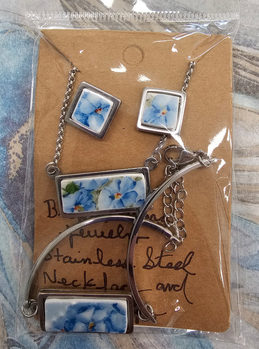 Virginia Coyle - Blue Florals, Broken China  Necklace, Earring and Bracelet Set